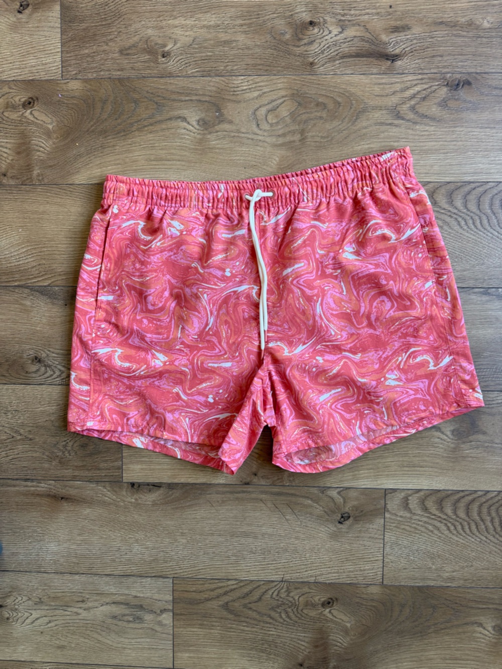 Eddie Bauer Coral Pink Marble-Print Drawstring swim trunks